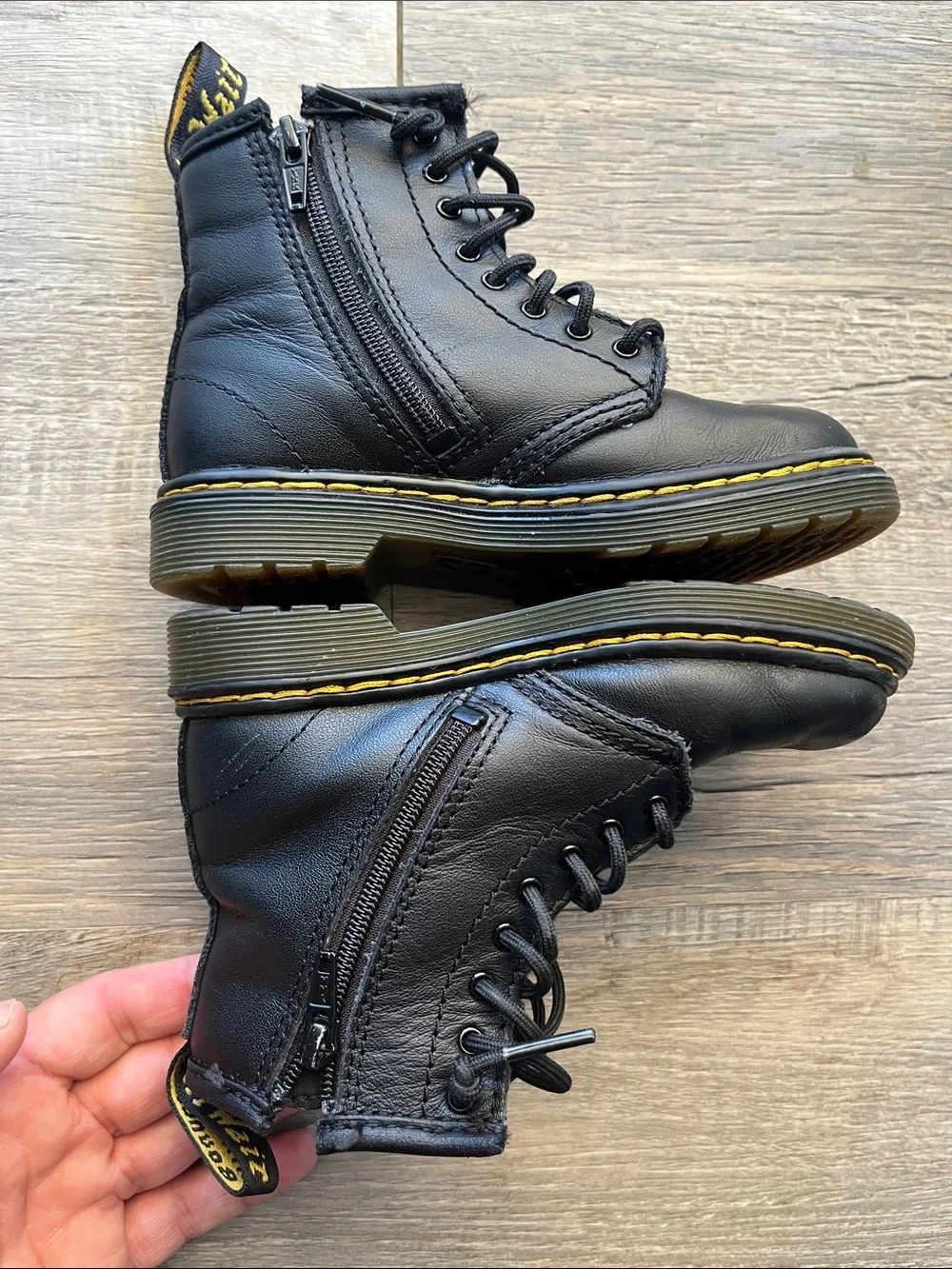 Dr. Martens Kids Black Leather Lace-Up Boots Yellow Stitching, Sz 9